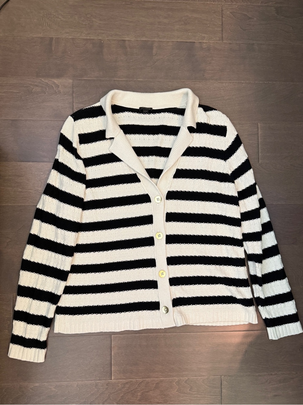 J. Jill Wearever Black and Cream  Striped Collared Cardigan Gold Buttons NWOT L
